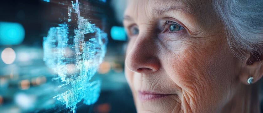 an Elderly, Healthy, and Slender Woman with Her Face Reflected in a Transparent Digital Screen Showing City Maps, Highlighting Her Refined Appearance and Interaction with Modern Technology Interface