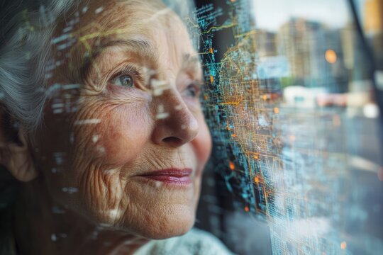 an Elderly, Healthy, and Slender Woman with Her Face Reflected in a Transparent Digital Screen Showing City Maps, Highlighting Her Refined Appearance and Interaction with Modern Technology Interface