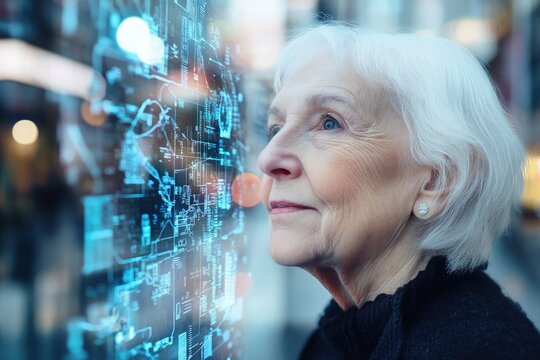 an Elderly, Healthy, and Slender Woman with Her Face Reflected in a Transparent Digital Screen Showing City Maps, Highlighting Her Refined Appearance and Interaction with Modern Technology Interface