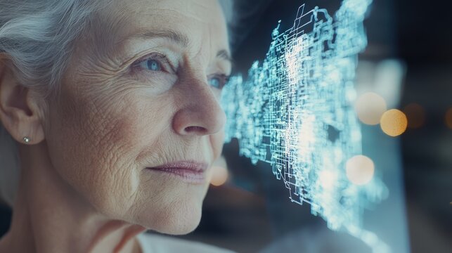 an Elderly, Healthy, and Slender Woman with Her Face Reflected in a Transparent Digital Screen Showing City Maps, Highlighting Her Refined Appearance and Interaction with Modern Technology Interface