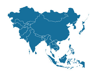 Cartoon pictures of Asia map on white background. All countries of Asia in  Modern colors. Can use for printing, website, presentation element, textile. Vector illustration.