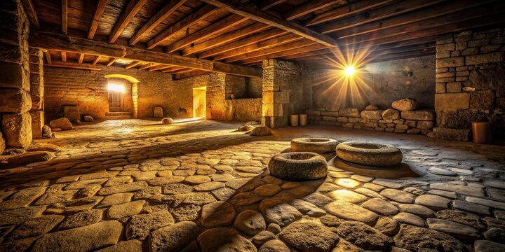 Dramatic low key lighting on ancient stone threshing floor