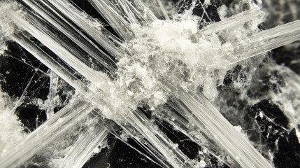 Close-up shot of asbestos fibers, a hazardous material with a fibrous structure.