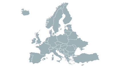 Cartoon pictures of Europe map on white background. All countries of the Europe in Modern colors. Can use for printing, website, presentation element, textile. Vector illustration.