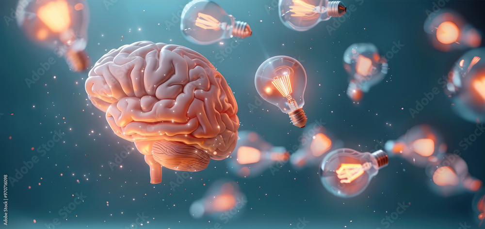 Leinwandbilder A glowing brain with light bulbs floating around, each symbolizing a new idea, vibrant and dynamic. Generative AI.