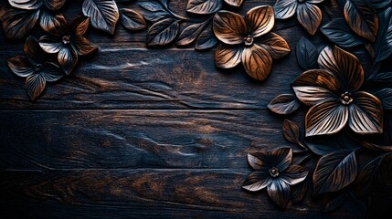 Carved Wood Flowers and Leaves on Dark Wood Background