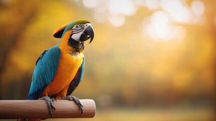 A vibrant macaw perched gracefully, showcasing its stunning blue and yellow feathers against a blurred autumn background.