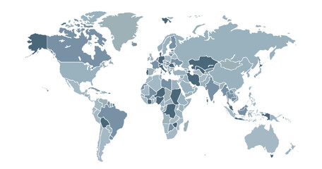 Cartoon pictures of world map on white background. All countries of the world in different colors. Can use for printing, website, presentation element, textile. Vector illustration.