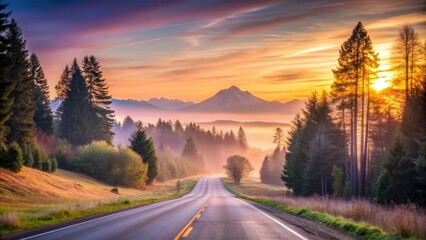Obraz premium washington road peaceful morning sunrise gentle warm light soft focus serene atmosphere subtle colors pastel hues cinematic landscape