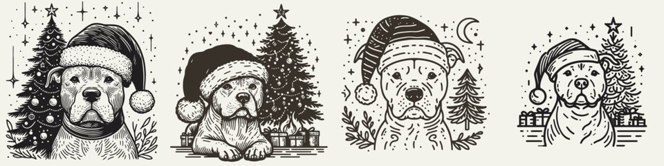 Illustration of a dog wearing festive hats, surrounded by Christmas trees and decorations, perfect for holiday themes.
