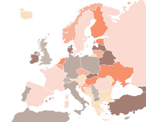 Cartoon pictures of Europe map on white background. All countries of the Europe in different colors. Can use for printing, website, presentation element, textile. Vector illustration.