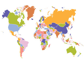 Cartoon pictures of world map on white background. All countries of the world in different colors. Can use for printing, website, presentation element, textile. Vector illustration.