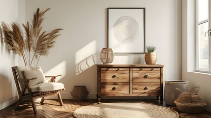 Interior of gallery room with dresser and ornaments. mock-up framework