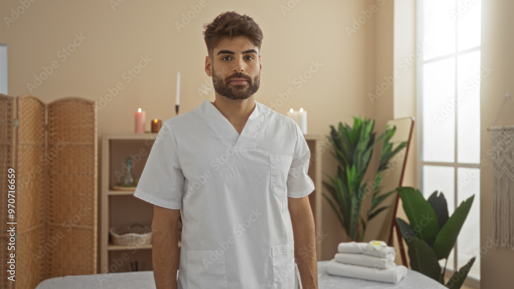 Wall mural Young man with beard standing in a wellness spa room wearing white uniform surrounded by plants and lit candles