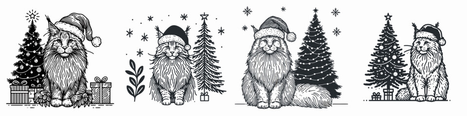 Obraz premium Whimsical illustrations of cats in festive hats, surrounded by Christmas trees, capturing the holiday spirit with charm and delight.