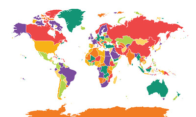 Cartoon pictures of world map on white background. All countries of the world in different colors. Can use for printing, website, presentation element, textile. Vector illustration.
