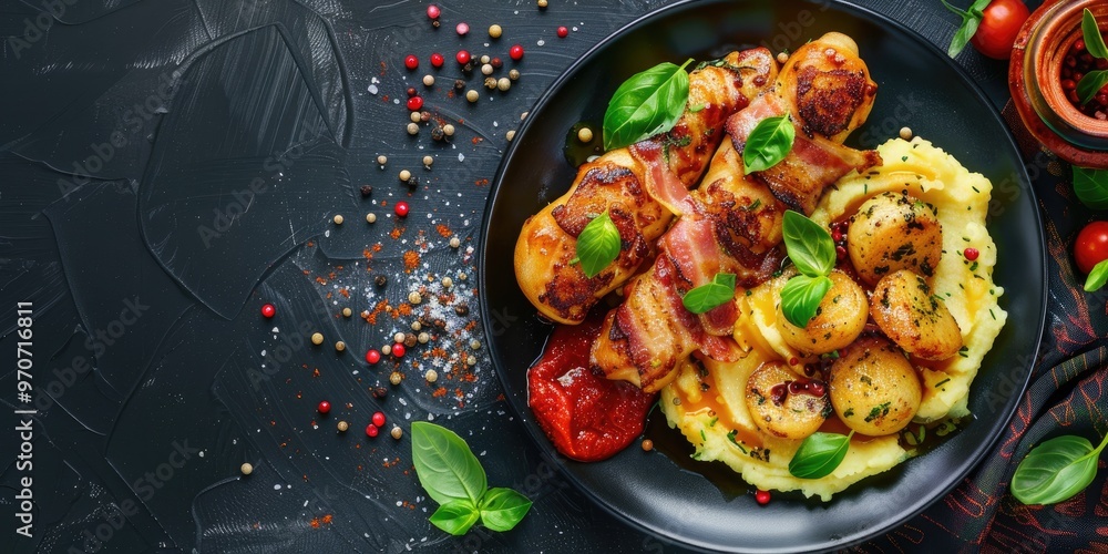 Poster fried bacon and mashed potatoes with basil rolls on a plate top view web banner