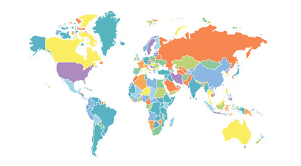 Cartoon pictures of world map on white background. All countries of the world in different colors. Can use for printing, website, presentation element, textile. Vector illustration.