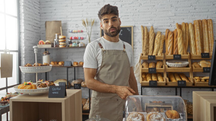 Handsome, young, hispanic man with a beard standing in a bakery shop, surrounded by fresh pastries and bread, wearing an apron, looking at the camera.