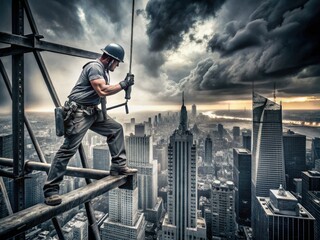 fearsome ironworker clinging to scaffolding high above NYC streets during stormy twilight gritty high-contrast monochrome