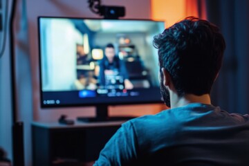 Man Asking Question While Watching Live Stream with Focus on Screen Showing Active Streamer, Capturing Viewer-Streamer Interaction and Real-Time Connection
