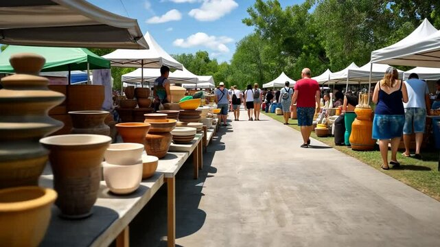 People enjoying a sunny day at an outdoor market with pottery items on display, perfect for summer festivals and craft fairs