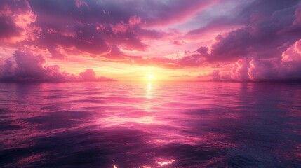 Fototapeta premium Vibrant Pink Sunset Over Ocean Horizon Generative AI