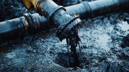Close-up of a pipe leaking black viscous liquid into a pool of oil.