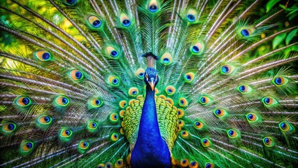 Obraz premium Vibrant, electric blue hues dance across the iridescent feathers of a magnificent, protected peacock spreading its stunning plumage in a lush, tropical rainforest.