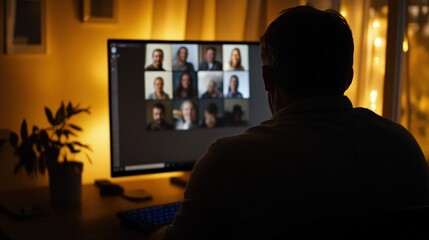 Fototapeta premium Man’s Back Sitting in Front of Computer During Video Conference with Friends at Home Illuminated by Low Light Capturing Sharp Faces on Screen in Rich Detail
