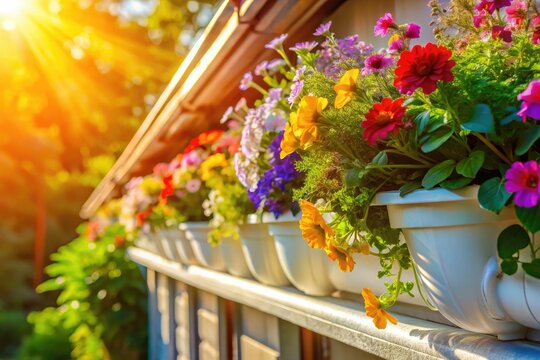 sunlit white gutters cheerful colorful flowers vibrant colors happy atmosphere playful mood bright tone carefree spirit joyful vibes