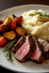 Plate Featuring Perfectly Cooked and Seasoned Meat with Creamy Mashed Potatoes and Roasted Vegetables Showcasing Succulent Texture and Golden-Brown Crispiness for an Appetizing Balanced Meal