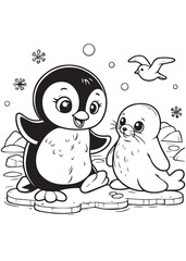 penguin and cute seals kid coloring page 