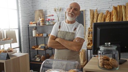 Man standing confidently with crossed arms in a cozy bakery shop, surrounded by fresh breads and...