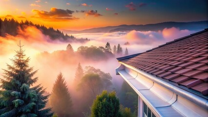 misty dawn white gutters mystical foggy atmosphere surreal landscape dreamy mood soft pink tones ethereal beauty peaceful ambiance