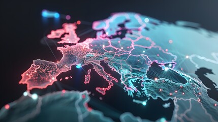 A Digital Representation of Western Europe Highlighting Connectivity and Distinct Features in Vivid Colors Displayed in the Darkness