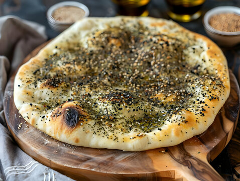 Freshly Baked Za'atar Manakeesh Photo with Sesame Seeds, Spices, and Olive Oil