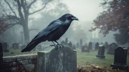 Fototapeta premium A black raven sitting on a spooky gravestone in a foggy cemetery, symbolizing Halloween eeriness.