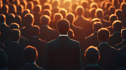 A bright, talented businessman stands out in a crowd of similar-looking people. The image shows the concept of shining and being unique in a large group.