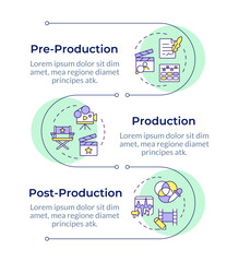 Film production phase infographic vertical sequence. Cinematography, directing. Visualization infochart with 3 steps. Circles workflow. Montserrat SemiBold, Lato Regular fonts used © bsd studio