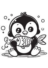 Cute penguin eat fish kid coloring page 