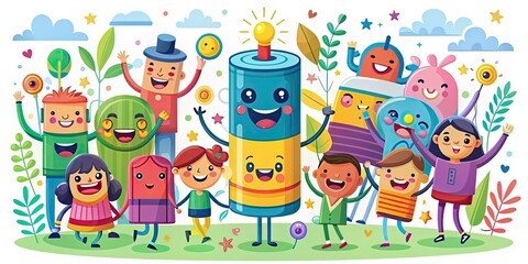 Obraz premium whimsical illustration playful social hub colorful battery character creative lifestyle playful atmosphere fun expressions joyful moments quirky scenes