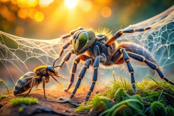 misty morning warm toned intimate macro shot tarantula's delicate legs intertwined with wasp's iridescent wing fragments under hawk's watchful gaze
