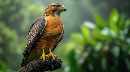 Obraz premium A majestic hawk perched on a branch amidst a misty background.