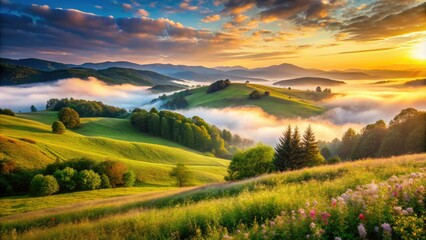 Obraz premium tranquil morning misty fog rolling hills lush greenery serene wispy clouds vibrant wildflower fields warm golden light peaceful rural landscape