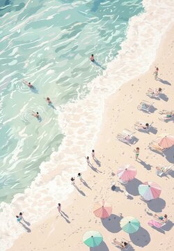 Axonometric pixel art scene of a lively beach with lofi aesthetic, colorful umbrellas, people relaxing, swimmers in ocean, soft, muted colors