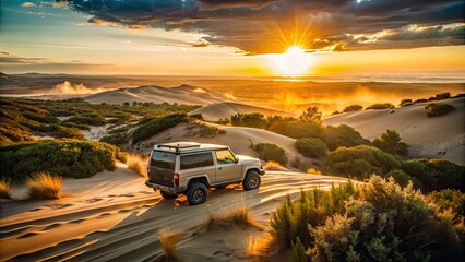 Fototapeta premium Rugged TruckAdventure SunsetDunes FastPaced FreedomExplore IsolatedMistyForests OverlandingRusticVibes