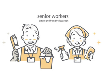 で元気に働くシニア夫婦　シンプルでお洒落な線画イラスト