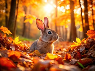 vibrant autumn forest floor rabbit hiding brightly colored leaves golden light rusty red orange brown foliage cozy nostalgic atmosphere