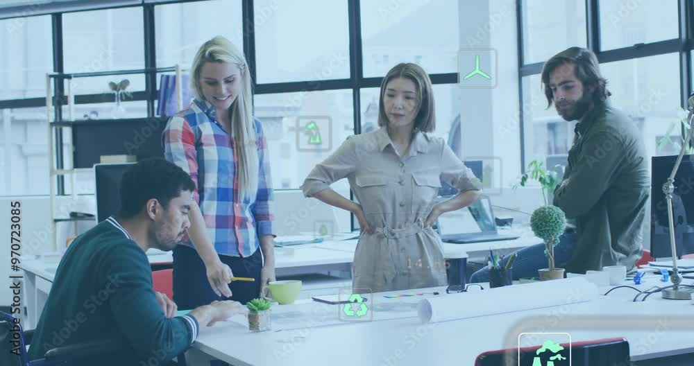 Poster animation of ecology icons and data processing over diverse colleagues discussing work in office